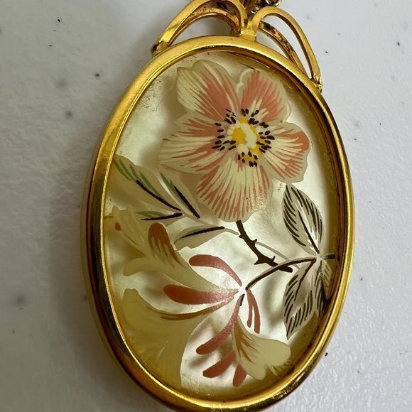 Boho Floral Necklace Pendant Reverse Painted Gold Tone Vintage‎ Hand Fairycore - Picture 3 of 9